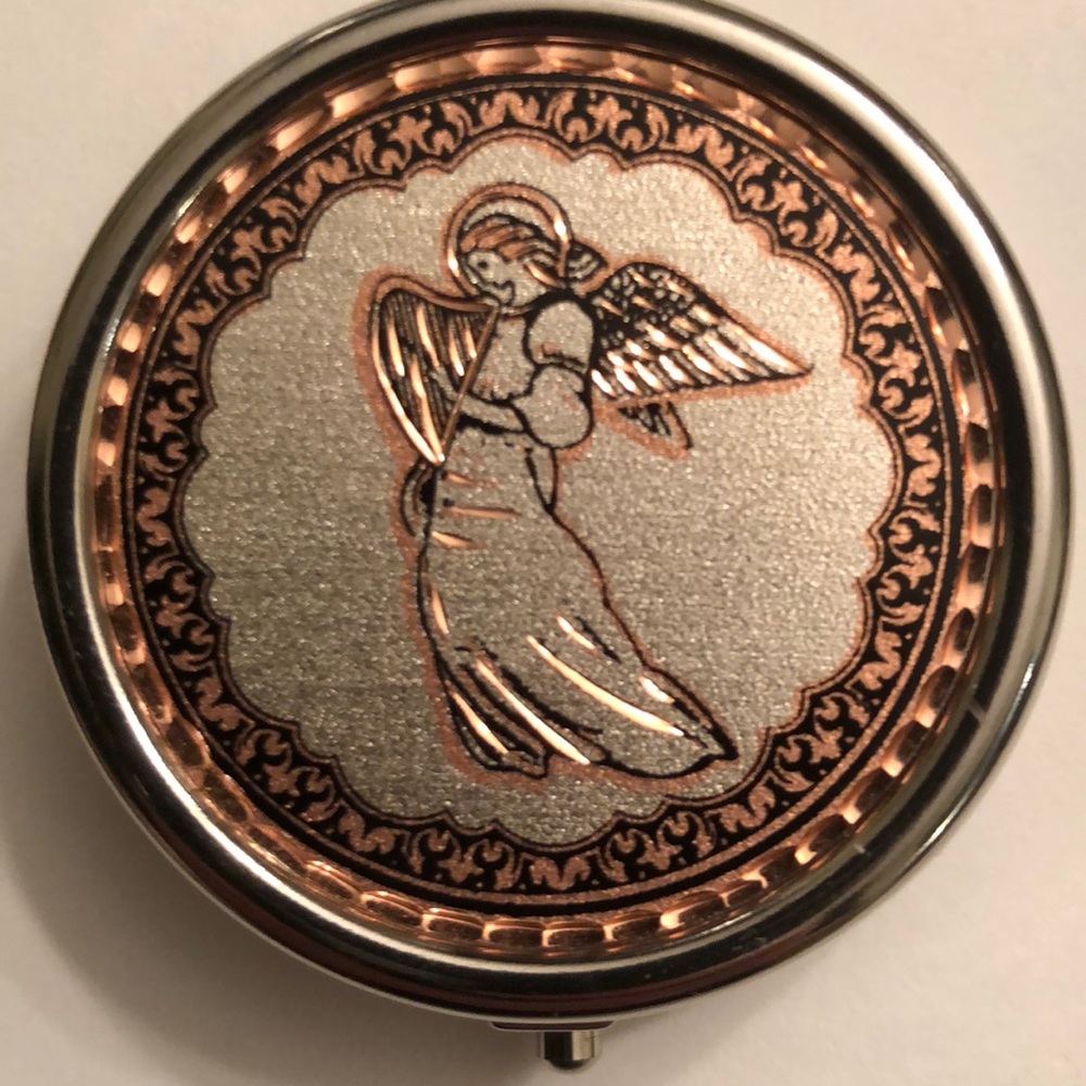 Vintage Round Pill Case 3-Day Stainless Engraved Rose Gold Angel Design - #416
